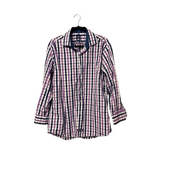 English Laundry Check Plaid Shirt Size 16.5-32/33 Cotton Purple Blue White - Picture 1 of 7
